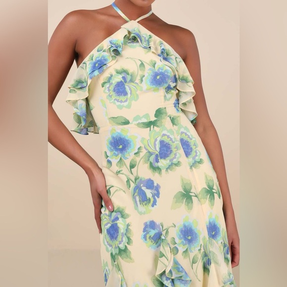LULU’S Casey Yellow Floral Halter Ruffled Maxi Dress - Picture 2 of 5